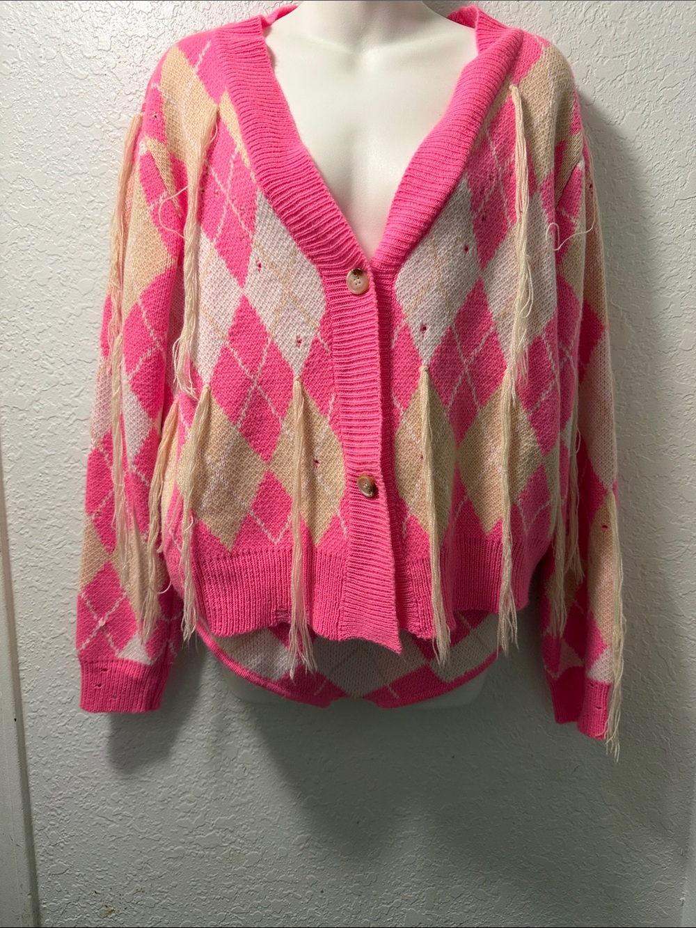 Women's Pink Argyle Button-Front Sweater Cardigan Short Set